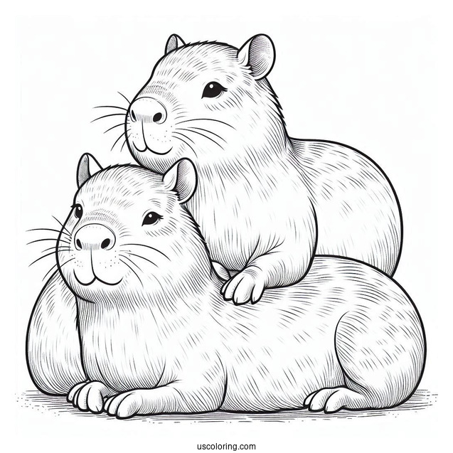 Three Capybara Coloring Page Piled On Top Of Each Other For Preschoolers