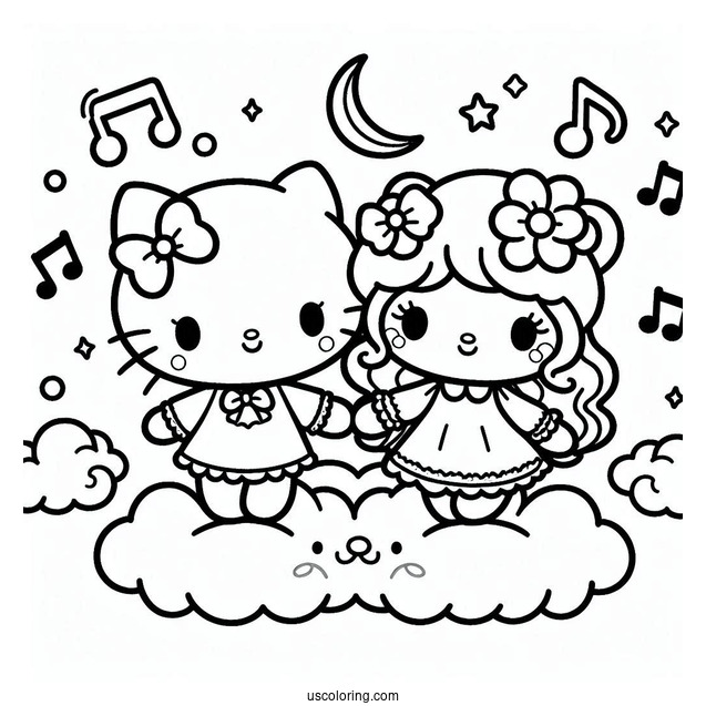 Sanrio Coloring Pages Of Kuromi And My Melody Holding Hands On Cloud