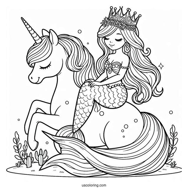 Mermaid Princess Coloring Page Sitting On Unicorn