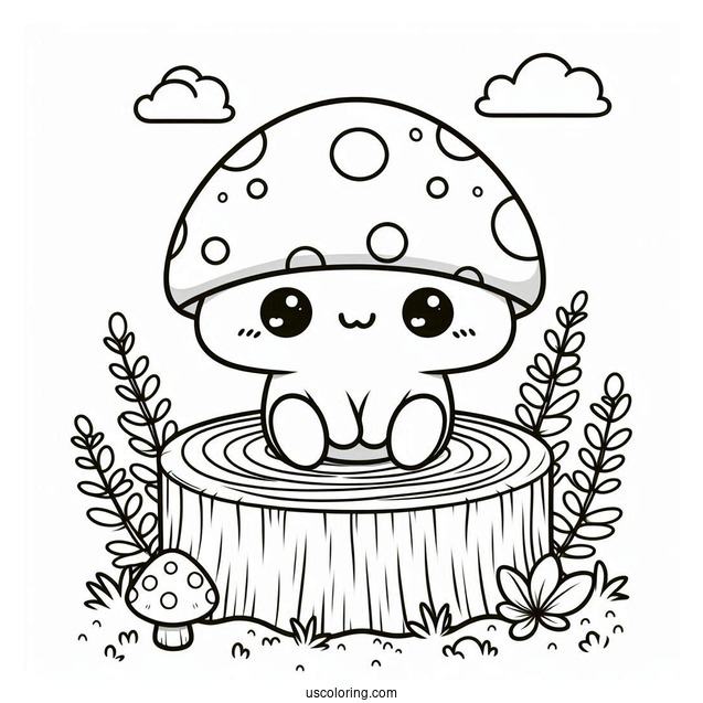 Kawaii Mushroom Coloring Page Sitting On A Tree Stump For Kids