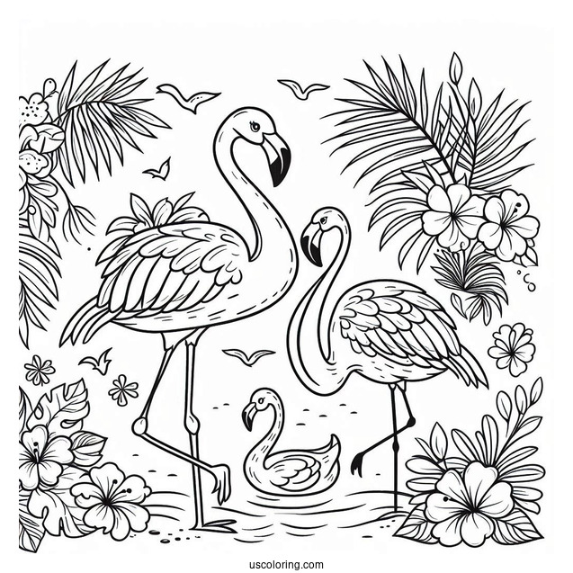 Tropical And Summer Themed Flamingos To Color