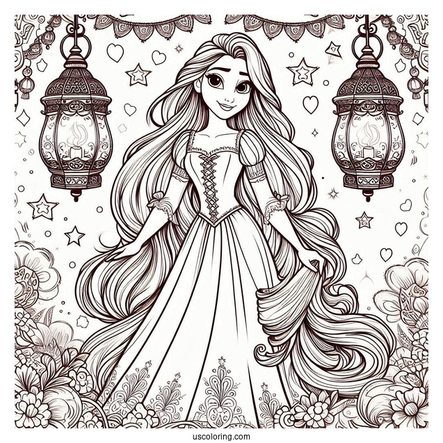 Tangled Princess Coloring Page Of Rapunzel With Lanterns In Background