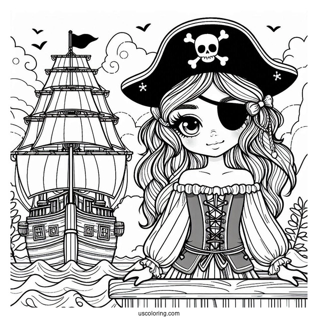 Pirate With Eyepatch On The Deck Of A Pirate Ship Coloring Page