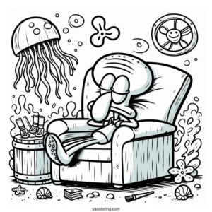 Squidward Coloring Page Resting On A Chair