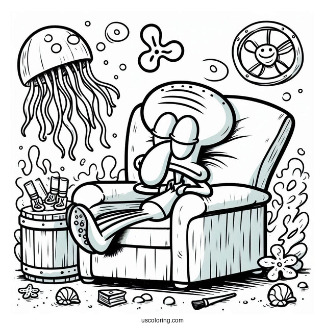 Squidward Coloring Page Resting On A Chair