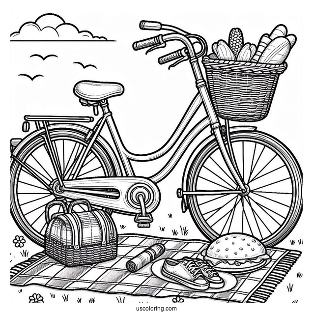 Adult Bicycle Coloring Page Parked Beside Picnic Mat