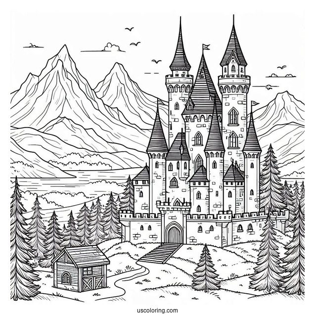Castle Coloring Page In The Mountains