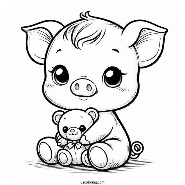 Baby Piglet Coloring Page Holding A Teddy Bear For Preschoolers