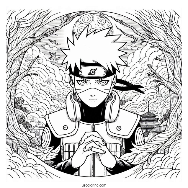 Hatake Kakashi Coloring Page In The Forest With Mangekyo Sharingan In The Sky