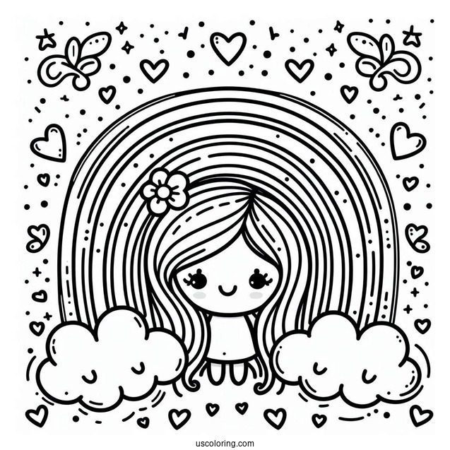 Small Rainbow Coloring Page Surrounded By Love Hearts For Kids