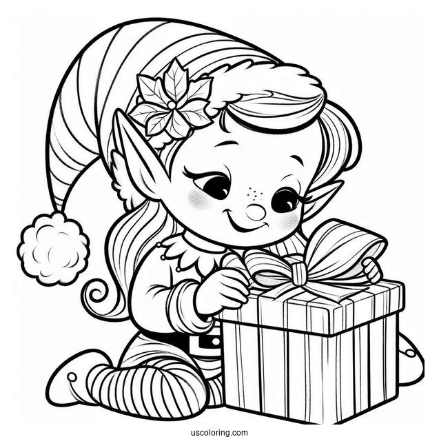 Coloring Page Of Elf Opening Present