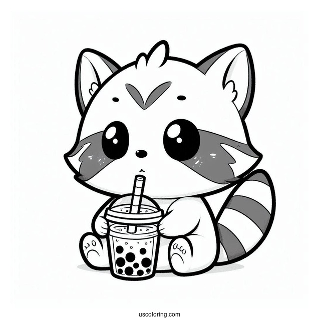 Chibi Raccoon Coloring Page Drinking Boba Tea For Kids