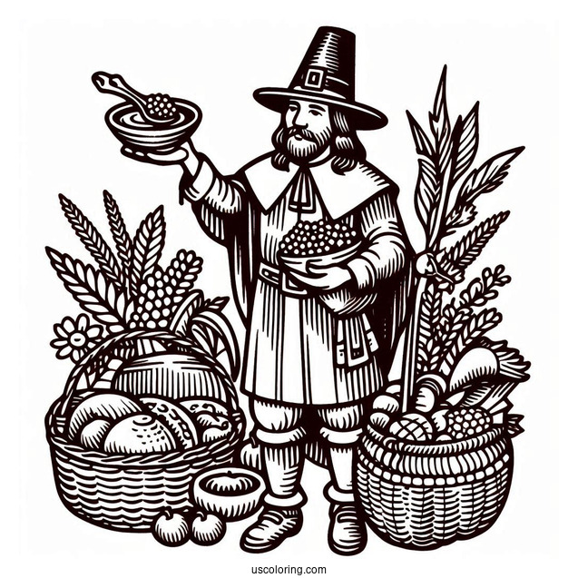 A Pilgrim Coloring Page Of A Native American Carrying Food