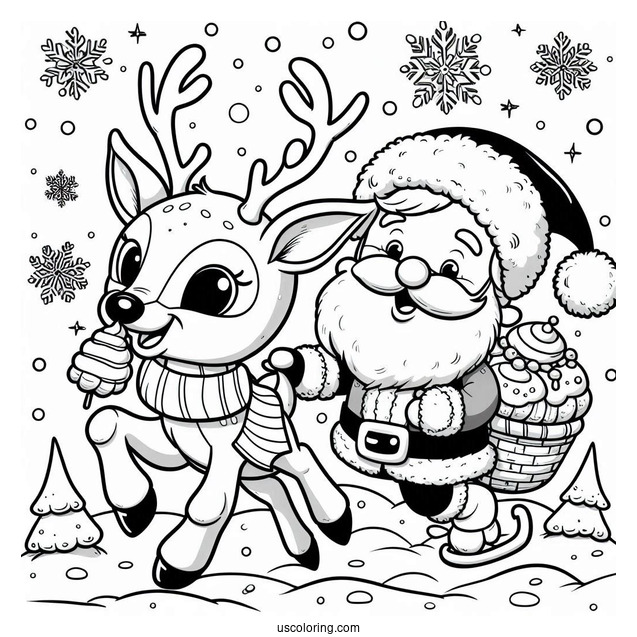 Cartoon Rudolph Coloring Page With Santa Claus In The Snow