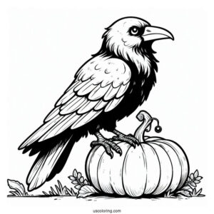 Cartoon Raven Coloring Page Standing On Pumpkin For Kids