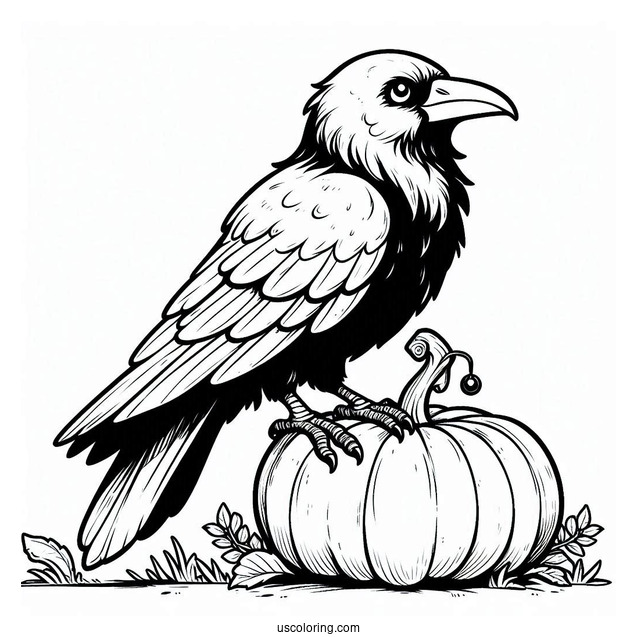 Cartoon Raven Coloring Page Standing On Pumpkin For Kids