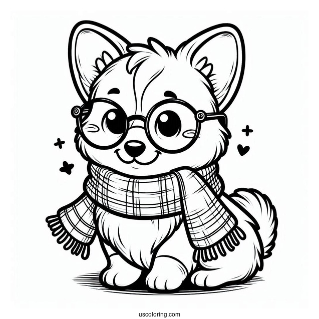 Cute Corgi Coloring Page With Scarf And Eyeglasses For Preschoolers