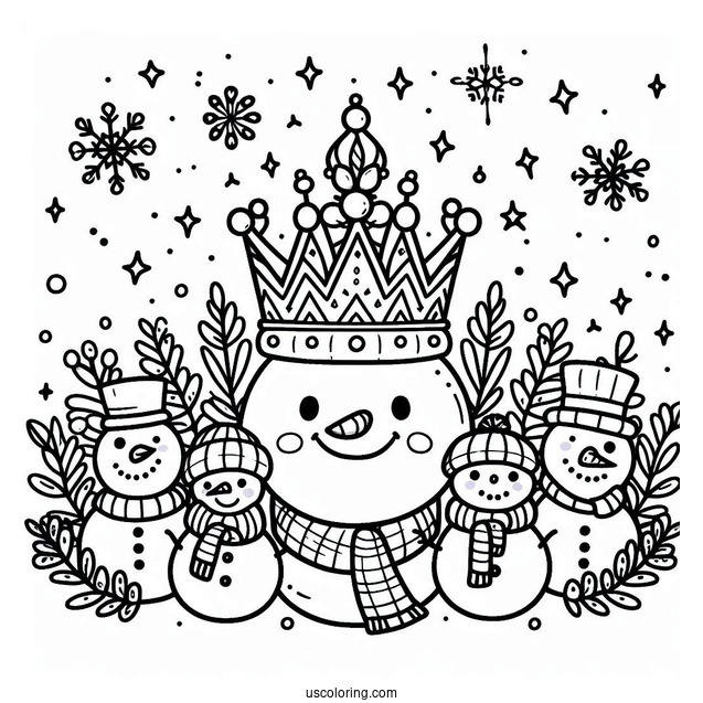 Winter Crown Coloring Page with Snowflakes and Snowmen