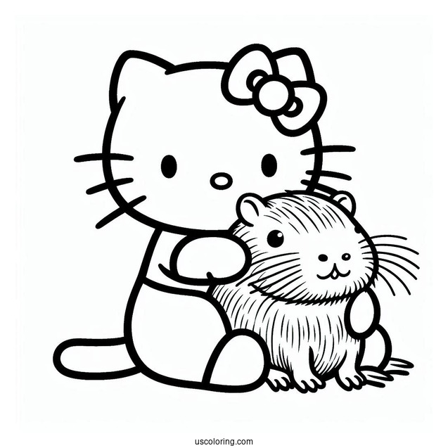 Hello Kitty Hugging A Capybara Coloring Page For Kids