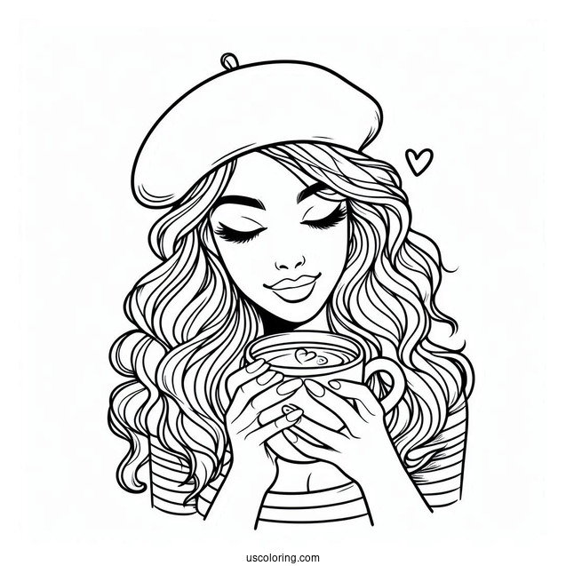 Woman Wearing Beret Drinking Coffee Coloring Page For Kids
