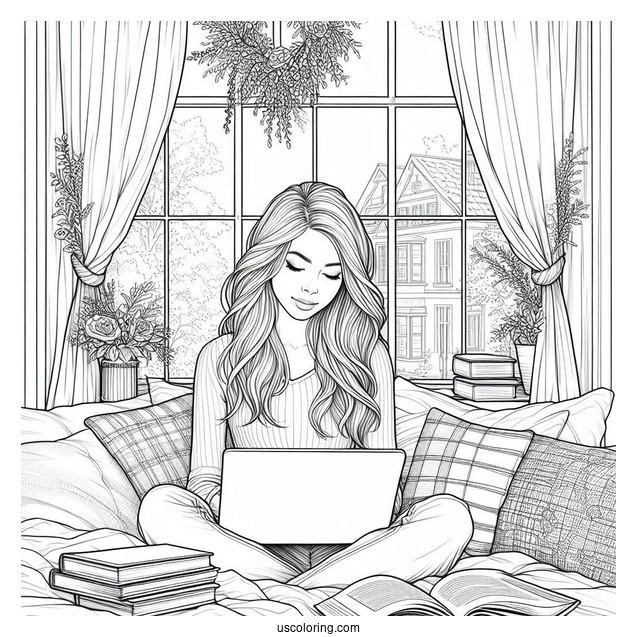 Woman Reading On A Window Bay With Laptops And Books Bedroom Coloring Page