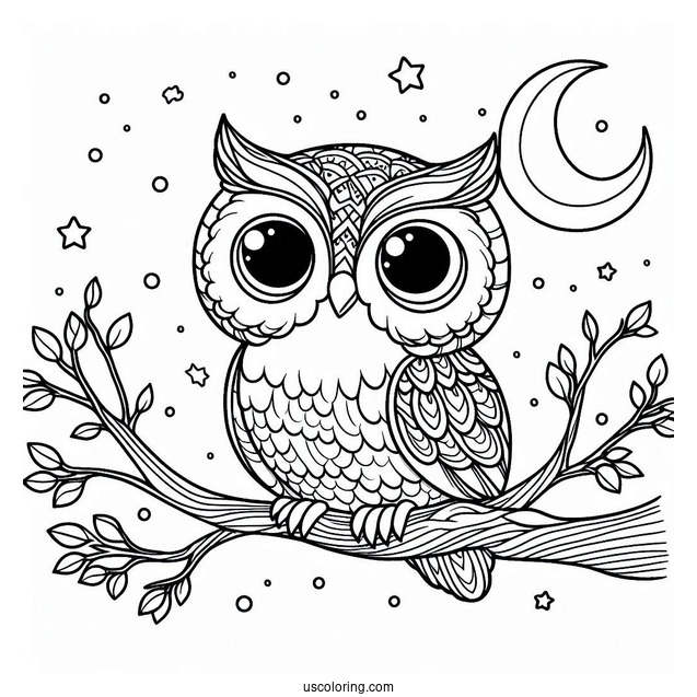 Cute Owl Sitting In Tree During Night