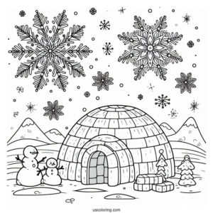 Snowflake Coloring Page Falling On Cartoon Eskimo Family And Igloo