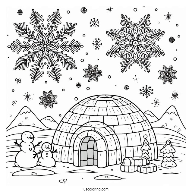 Snowflake Coloring Page Falling On Cartoon Eskimo Family And Igloo