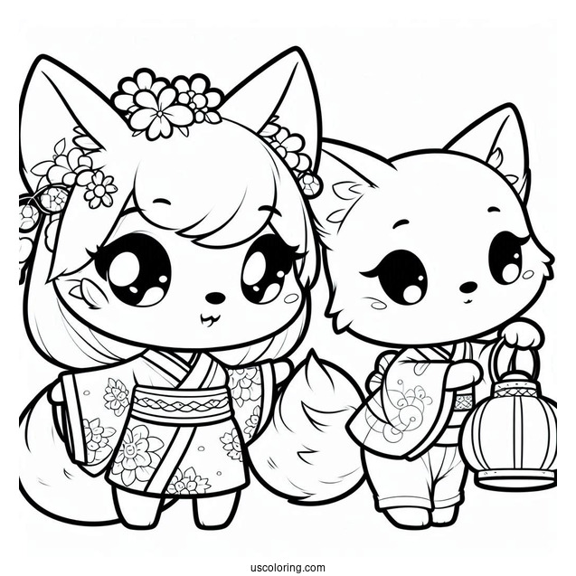 Adorable Chibi Fox Coloring Page In A Kimono Holding A Lantern For Kids