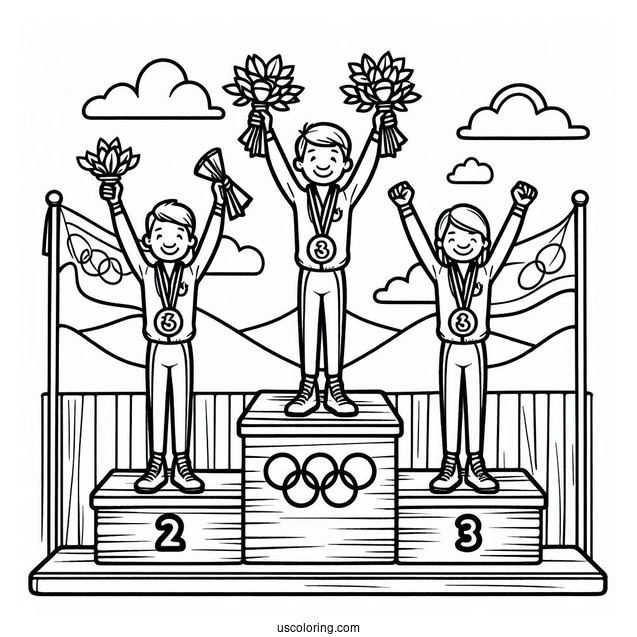 Olympics Coloring Page Of Medalists On Tri Level Podium For Kids