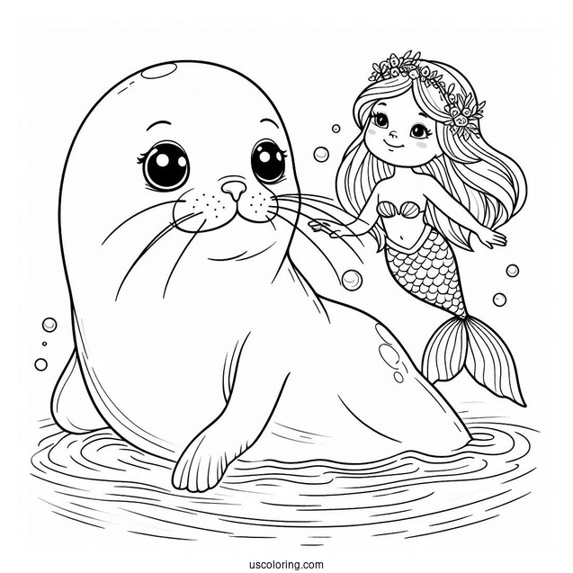 Seal Coloring Page Swimming With A Mermaid