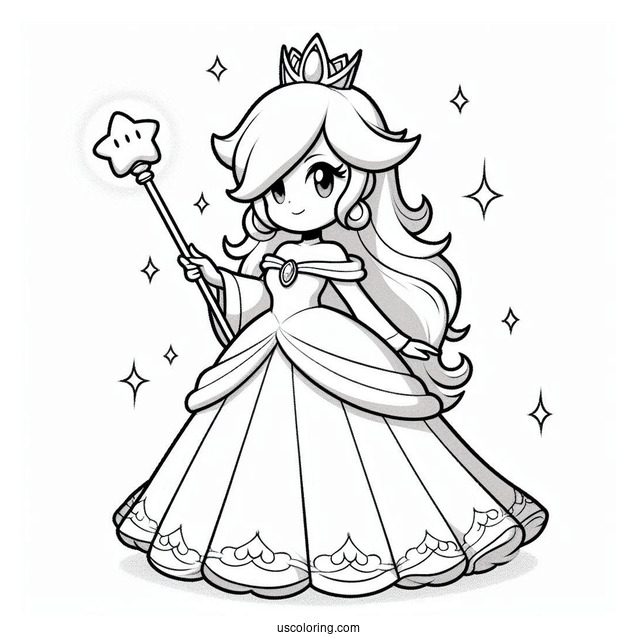 Rosalina Coloring Page Wearing Long Gown And Holding Wand With Luma