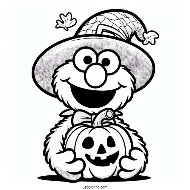 Halloween Themed Elmo Holding a Pumpkin To Color