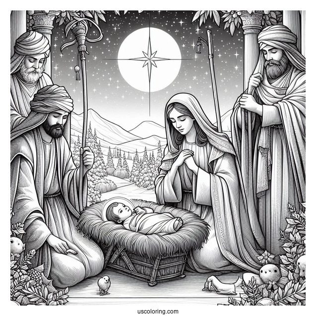 Nativity Coloring Page Of Realistic Wise Men With Joseph And Mary Watching Newborn Jesus