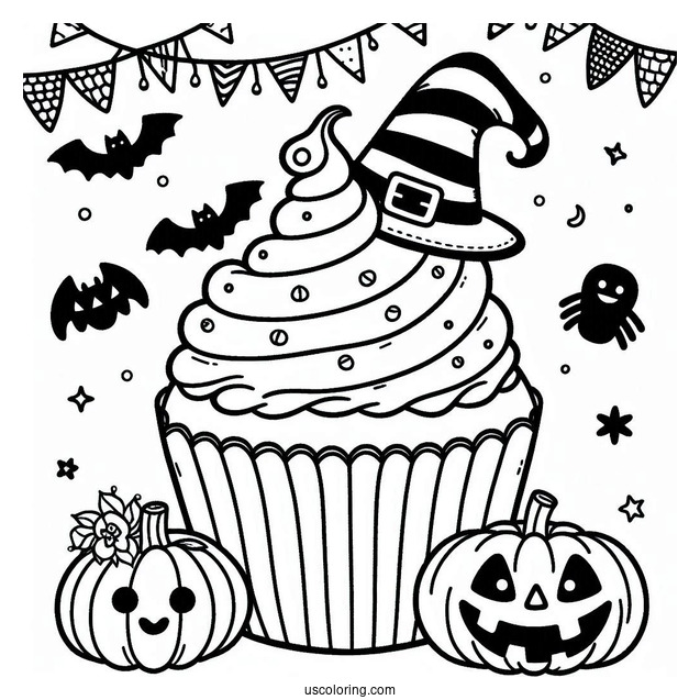 Coloring Page Of Halloween Cupcake With Jack O Lantern