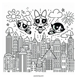 Powerpuff Girls Flying Over City To Color