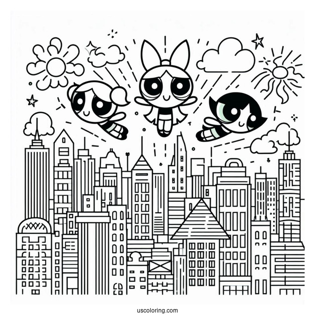 Powerpuff Girls Flying Over City To Color