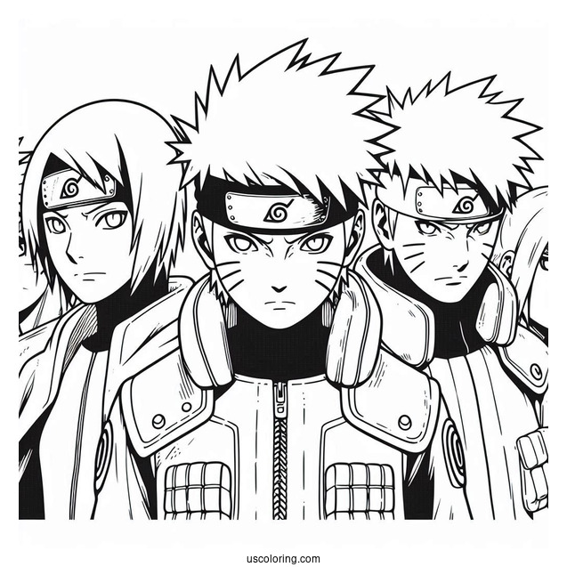 Kakashi Coloring Page Of Obito, Rin, Minato, And Young Naruto For Kids