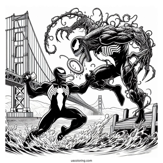 Venom Vs Carnage Coloring Page Fighting On Golden Gate Bridge