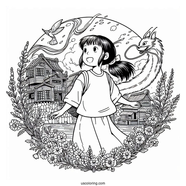 Studio Ghibli Coloring Page of Spirited Away Chihiro In The Spirit World