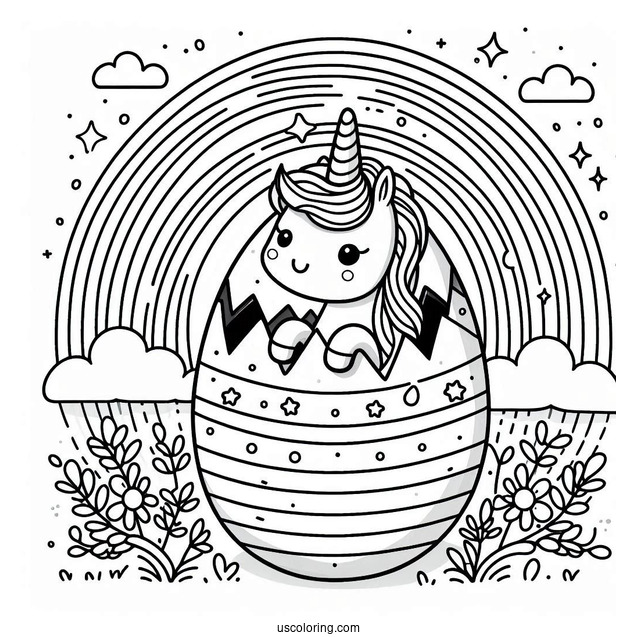 Unicorn Popping Out Of Easter Egg On Rainbow Coloring Sheet