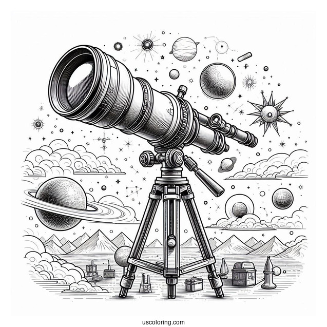 Science Coloring Page Of Detailed Refractor Telescope