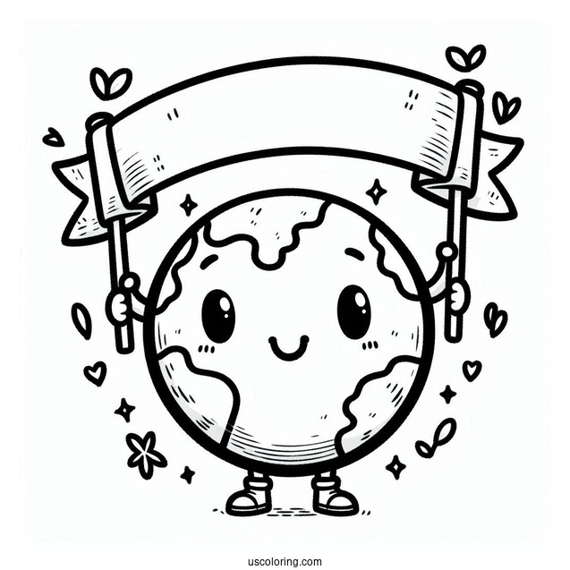Cartoon Earth Holding Up Earth Day Banner Coloring Page