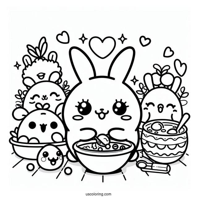Tamagotchi Coloring Page Of Kuchipatchi, Mametchi, Lovelin, Chamametchi, And Friends Eating For Kids