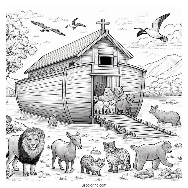 Realistic Noah's Ark Coloring Page With Animals Leaving The Ark