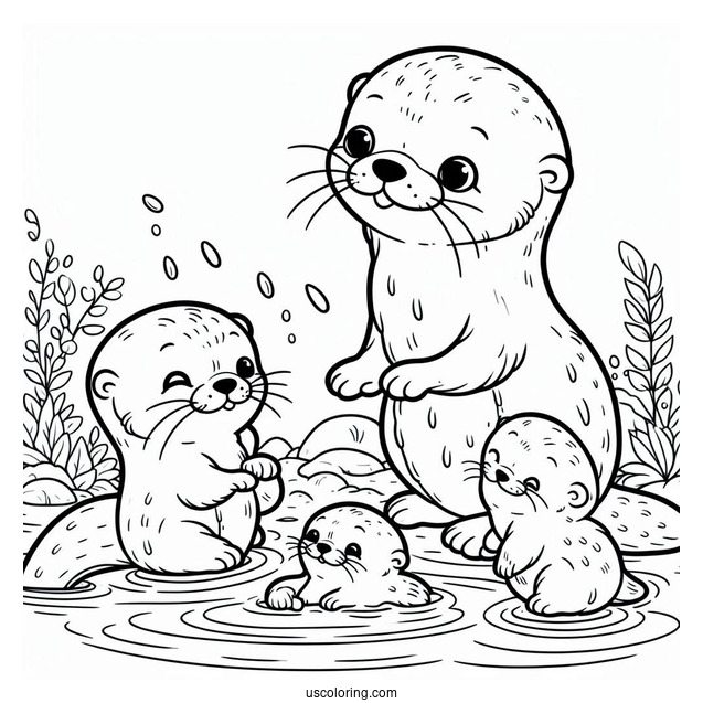 Mama And Papa Otter Coloring Page With Babies Floating On River
