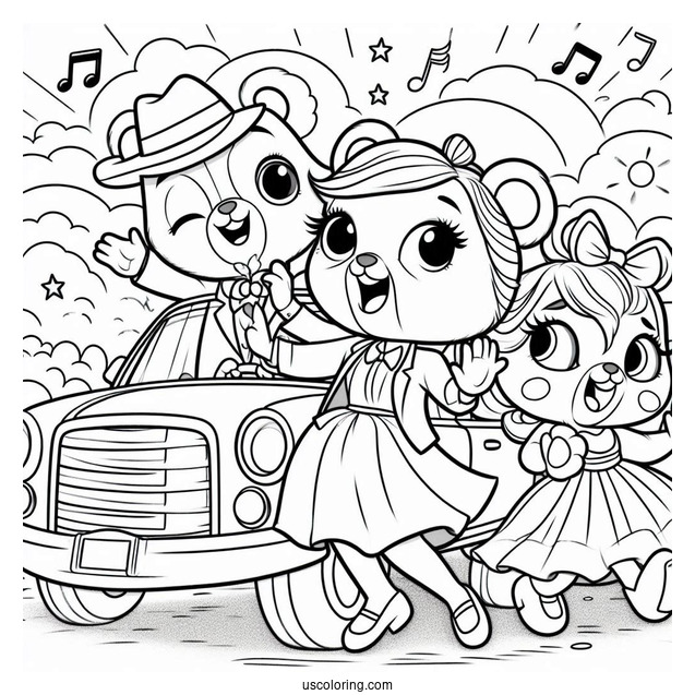 Sing Coloring Page Of Rosita, Gunter, And Friends Singing And Dancing In Front Of Car