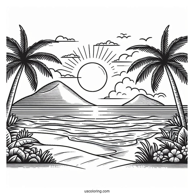 Simple Beach Landscape Coloring Sheet