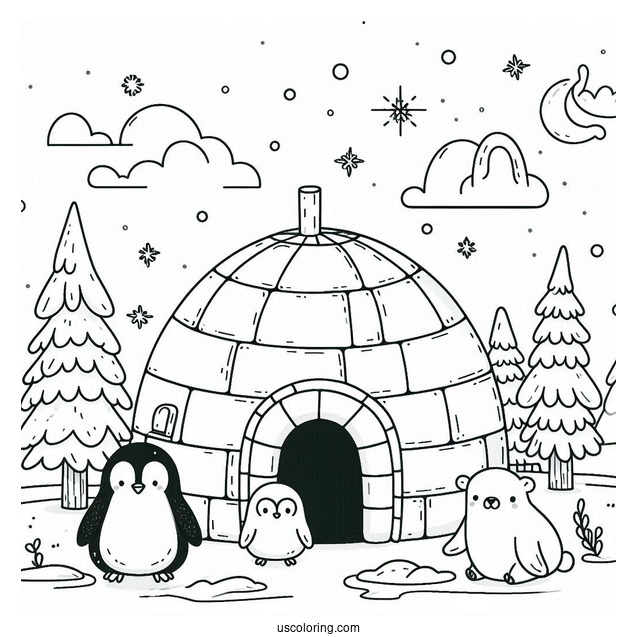 Igloo, Penguins, And Polar Bears In The North Pole Coloring Page For Preschoolers
