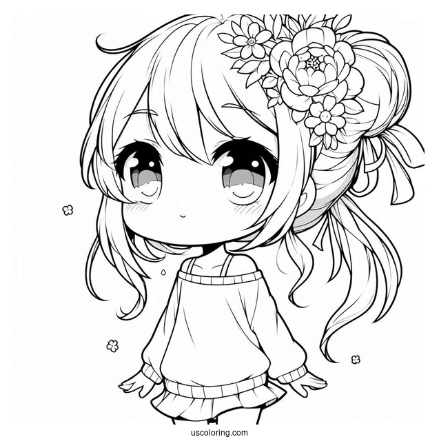 Chibi Anime Girl With Flower In Her Hair Coloring Sheet